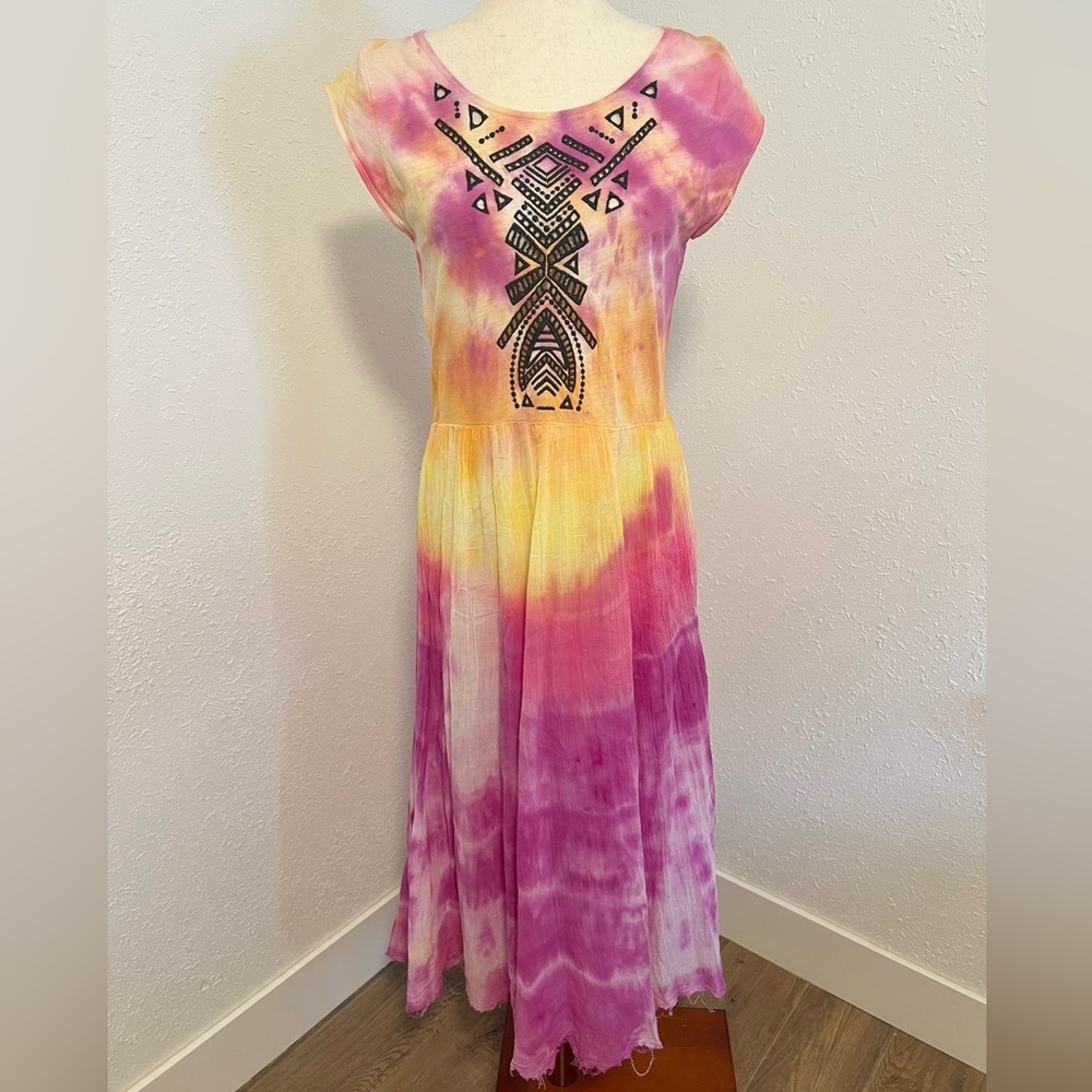 Free People One of a Kind‎ Tie Dye Embroidered Raw Hem Dress